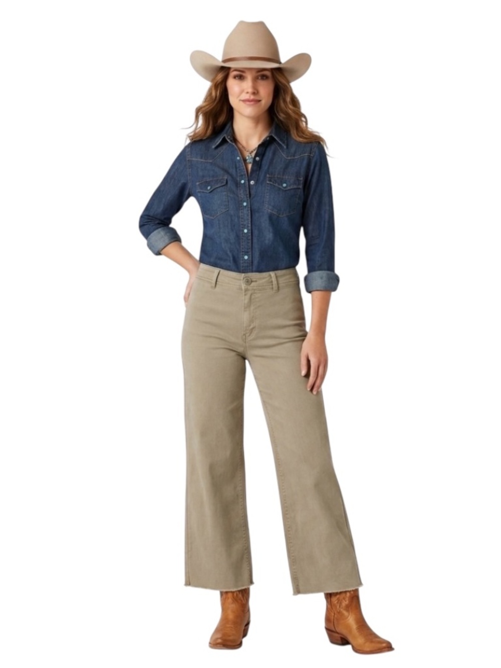 Oat NY High Rise Wide Leg Jean Pants Sz 2/26 Army Green Raw Hem Y2K Cowgirl Boho